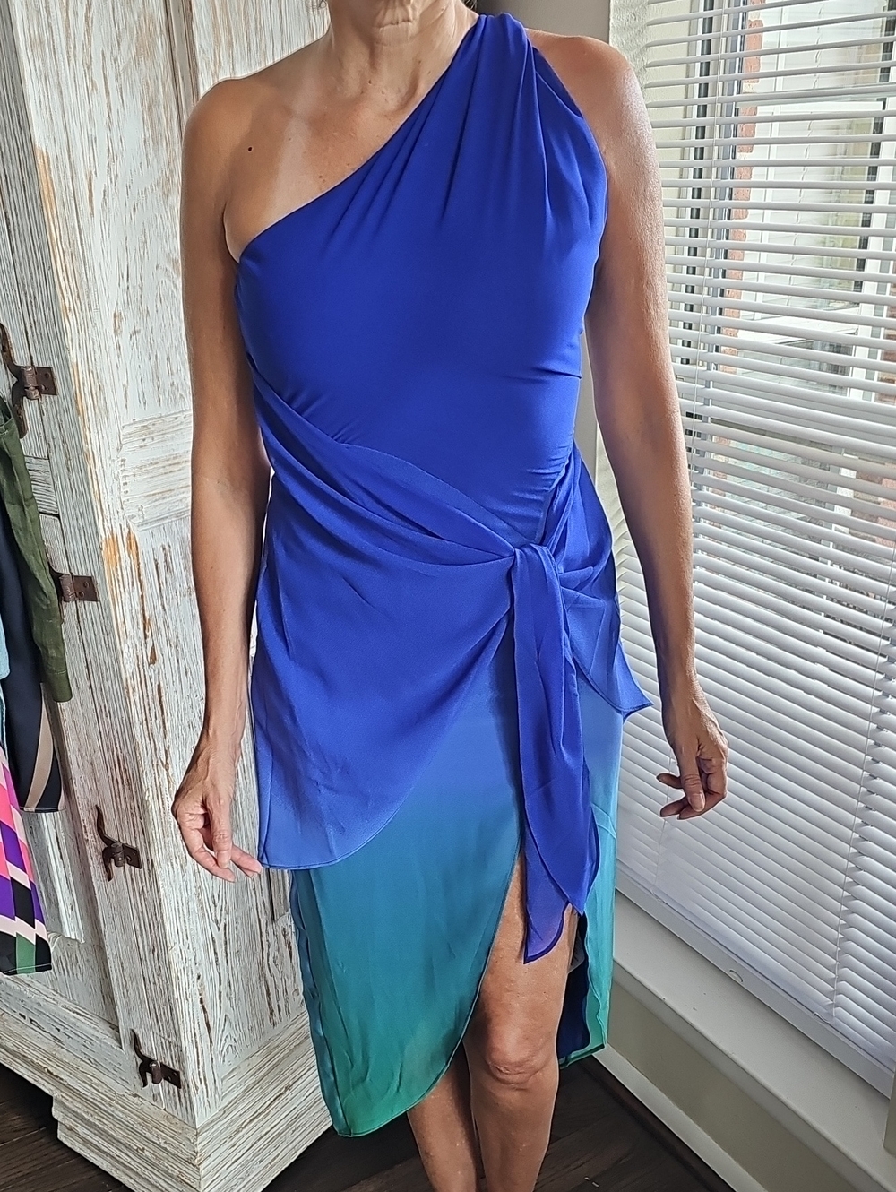 Bardot One-Shoulder Royal Blue to Teal Ombre Wrap Dress - Size S
